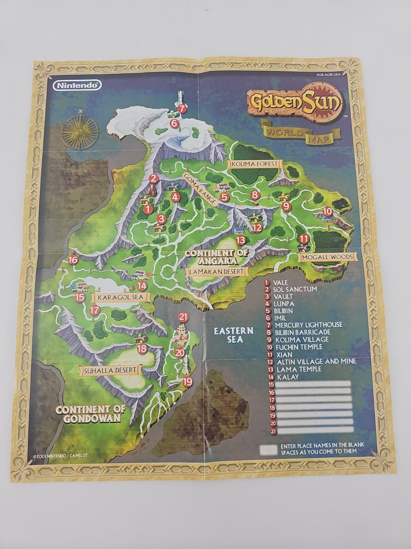 Golden Sun POSTER MAP World Map RPG GBA Game Boy Advance AGB-AGSE-USA Nintendo