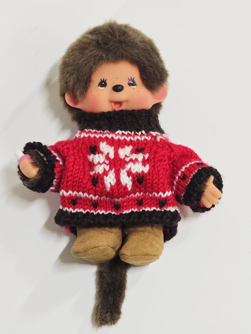 Monchhichi Lot 2 Knit Ski Sweater Red/White 7" Plush Boy/Girl Sekiguchi Vintage