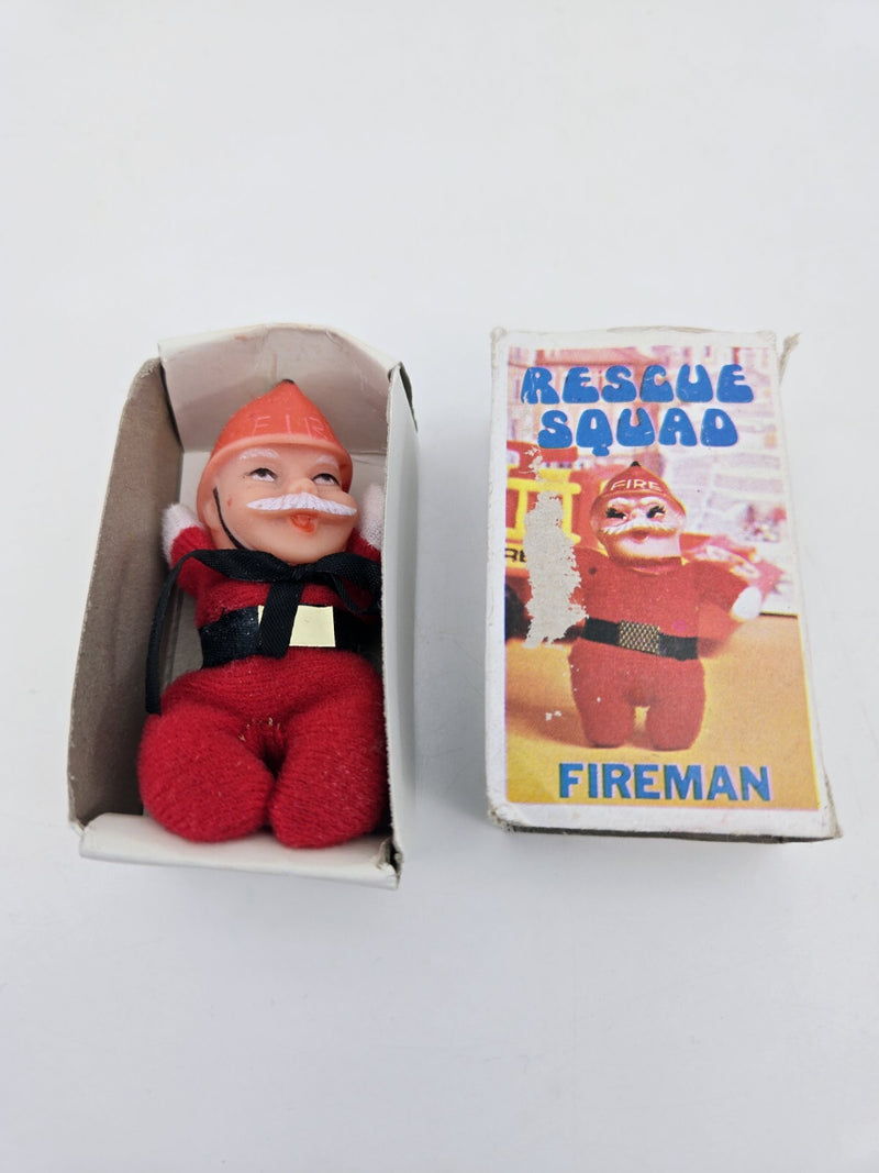 Vintage William Bean RESCUE SQUAD FIREMAN Mini Matchbox Beanie Toy Doll Box 1974