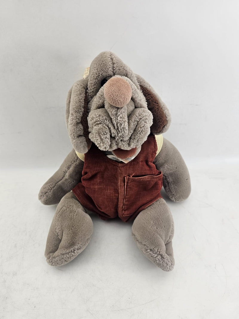 Vintage 1980's Wrinkles Dog Plush Hand Puppet Ganz with Overalls and Bone